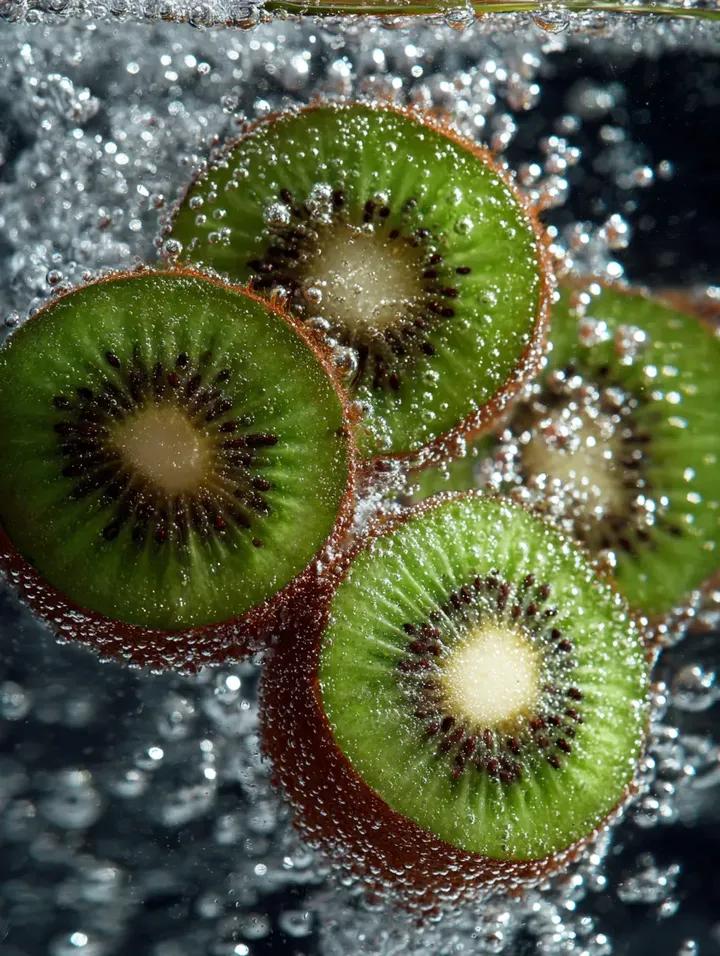 AI Prompt for Stunning Kiwi Slices in Sparkling Water Macro Photography