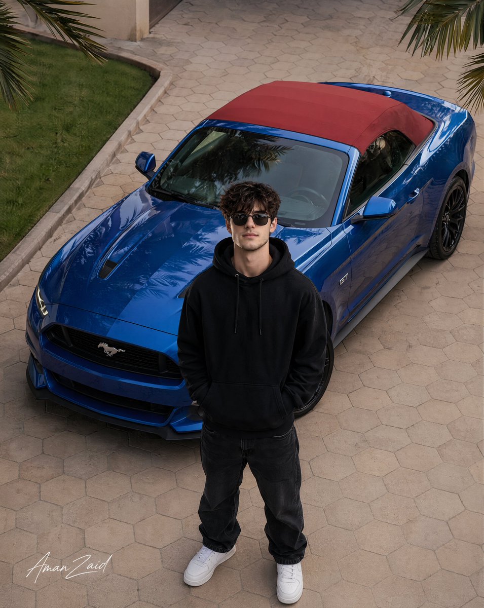 AI Prompt for Styled Ford Mustang and Young Man Photography