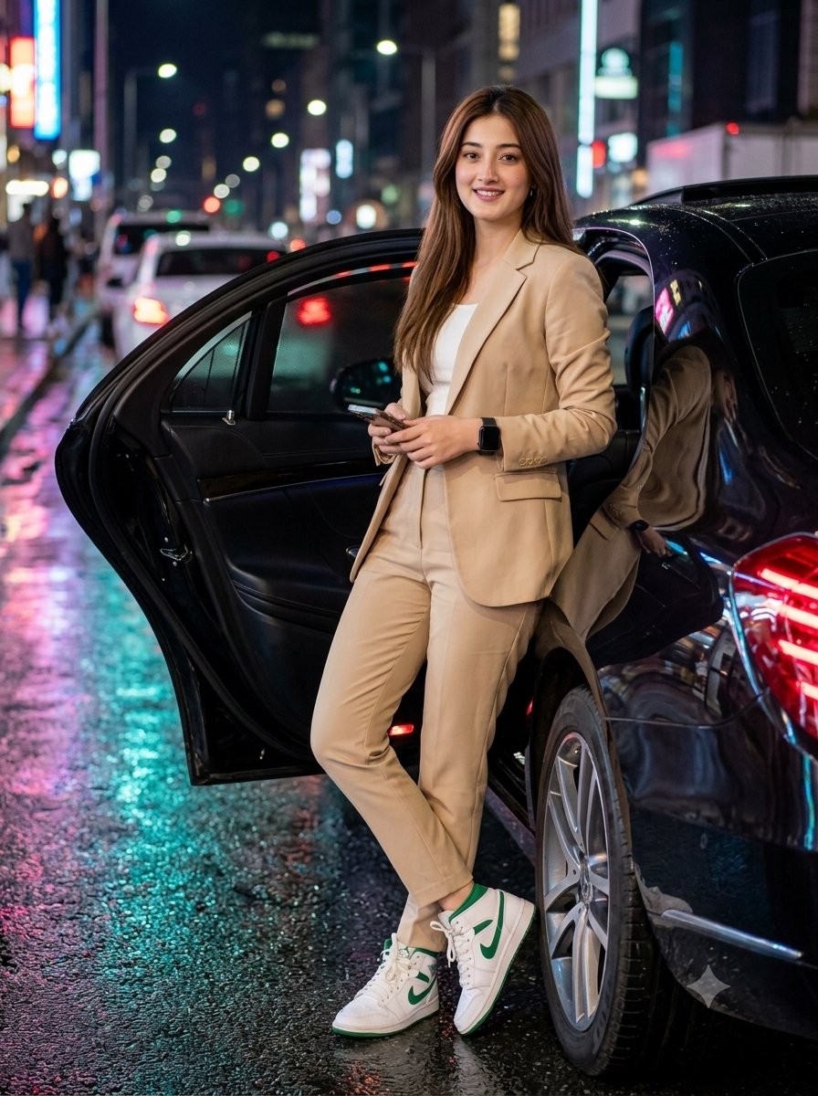 AI Prompt for Stylish Luxury Car Night Scene with Female Model