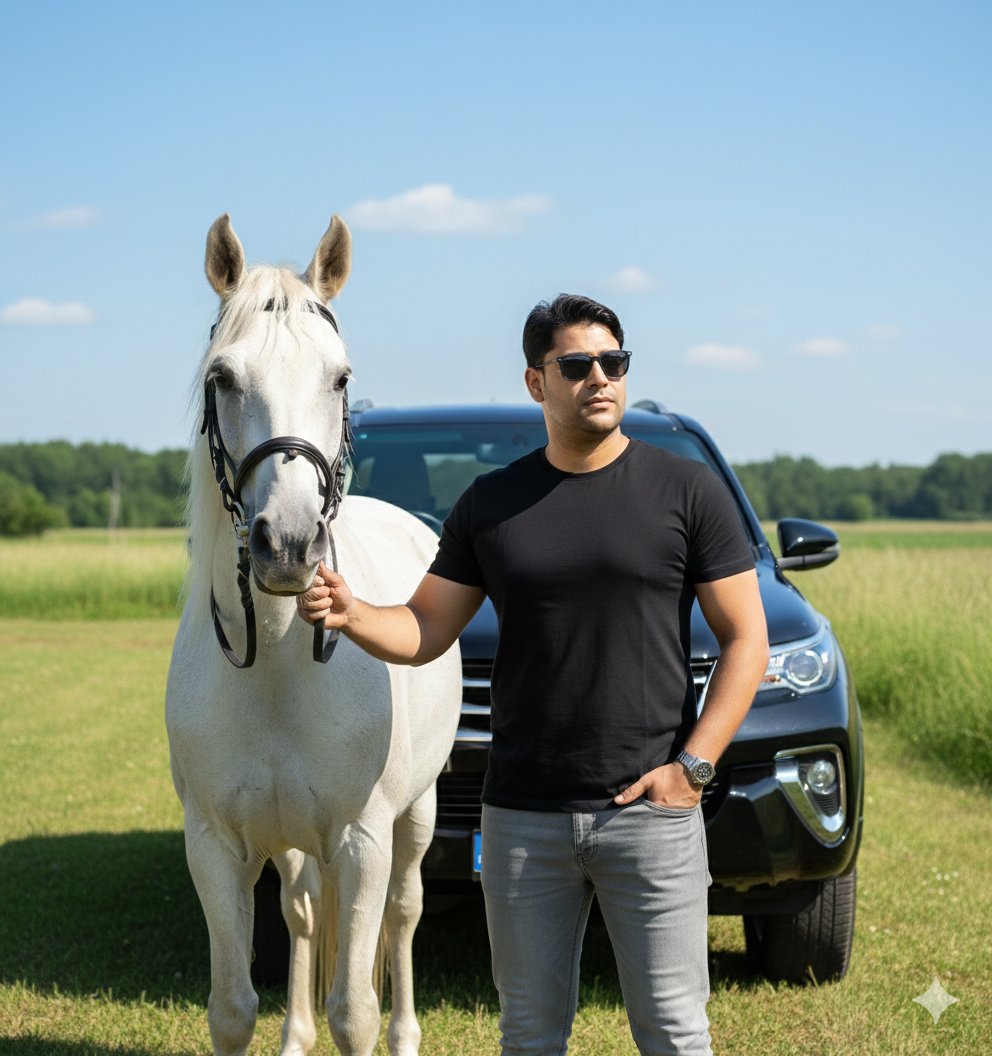 AI Prompt for Stylish Man with Horse and Car Photography