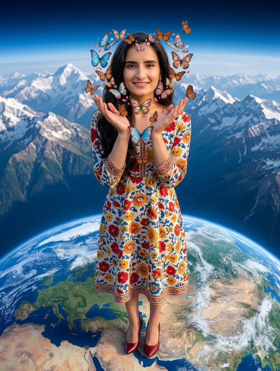 AI Prompt for Surreal 3D Render of a Woman with Butterflies on a Globe