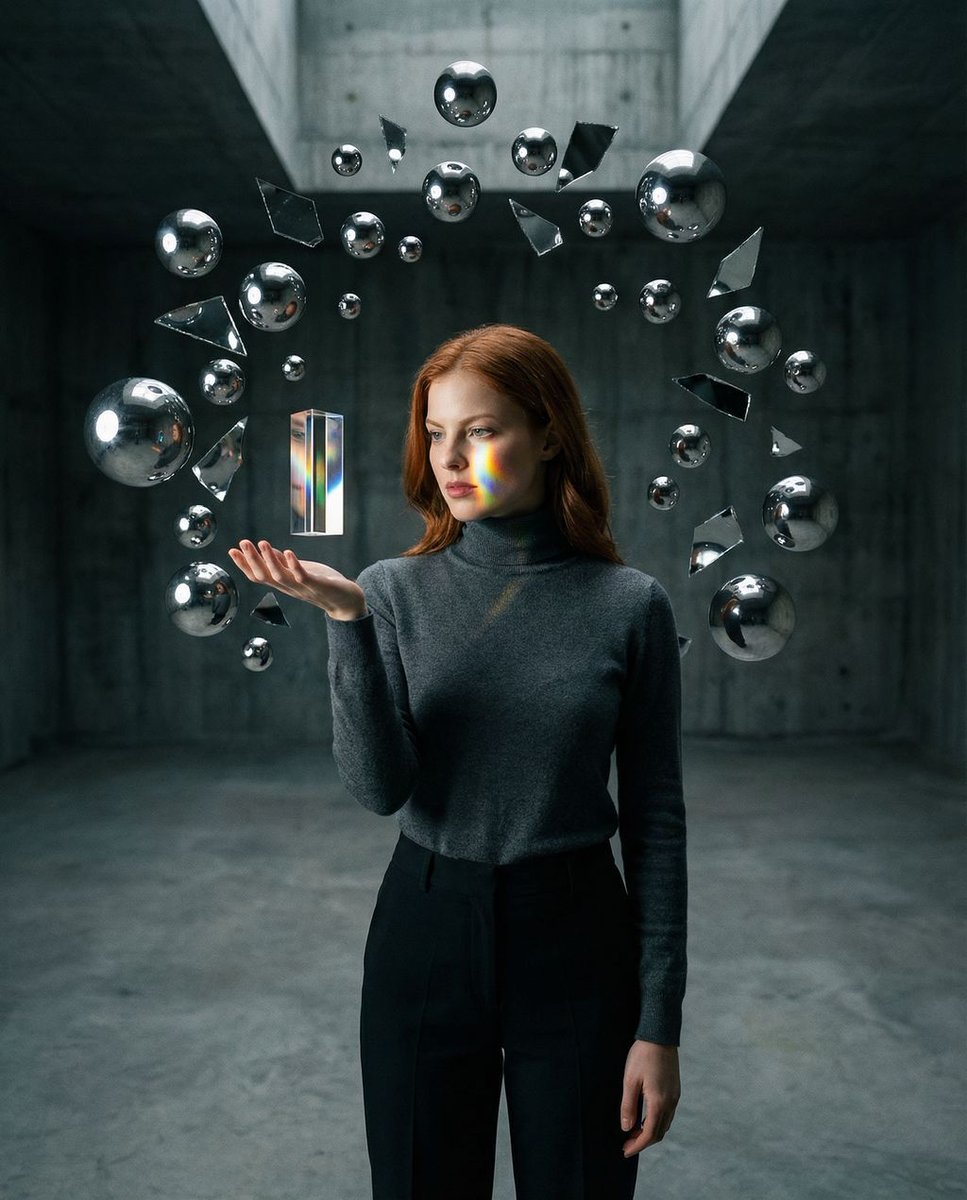 AI Prompt for Surreal Brutalist Portrait with Kinetic Chrome Orbits