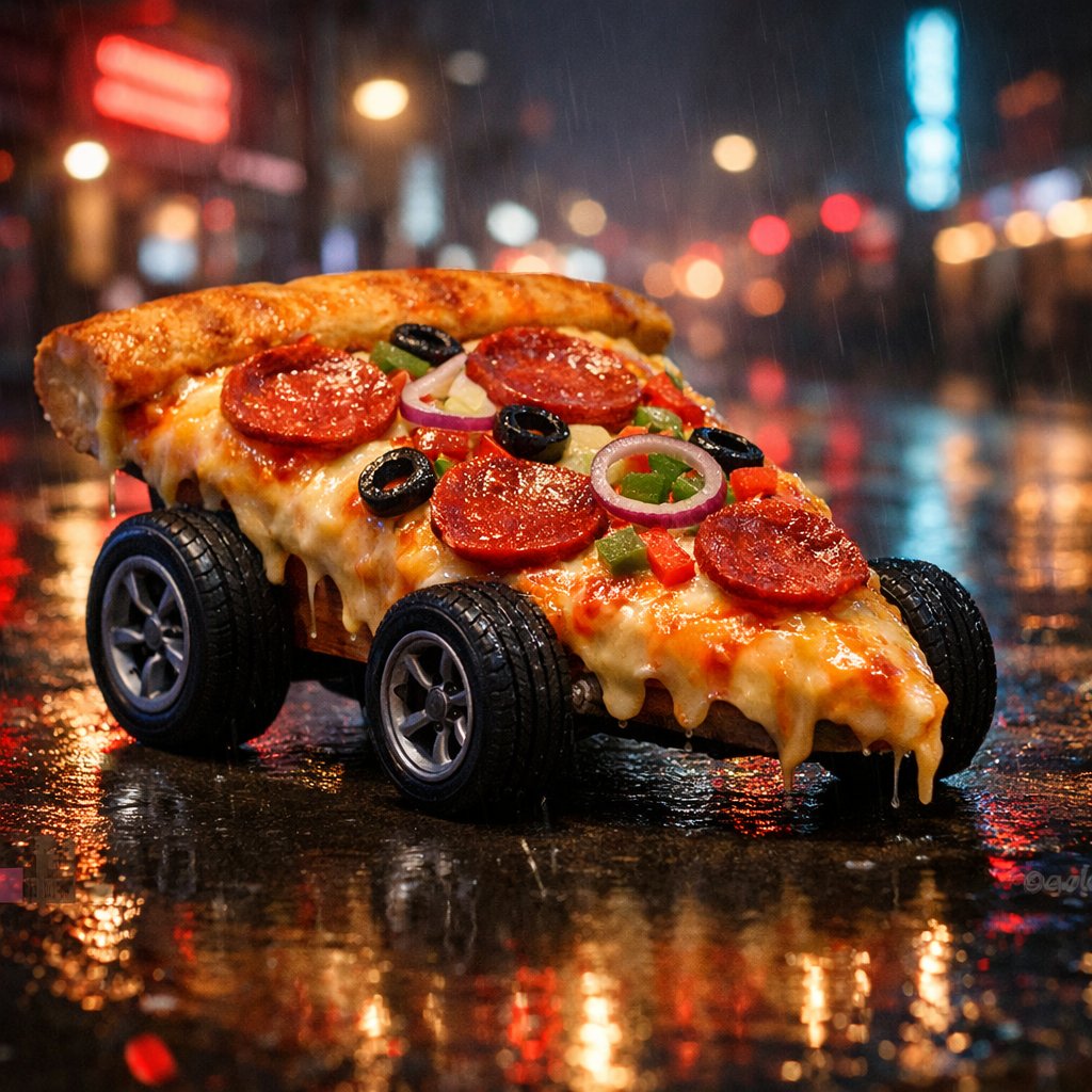 AI Prompt for Surreal Cyberpunk Pizza Car Artwork in 8K