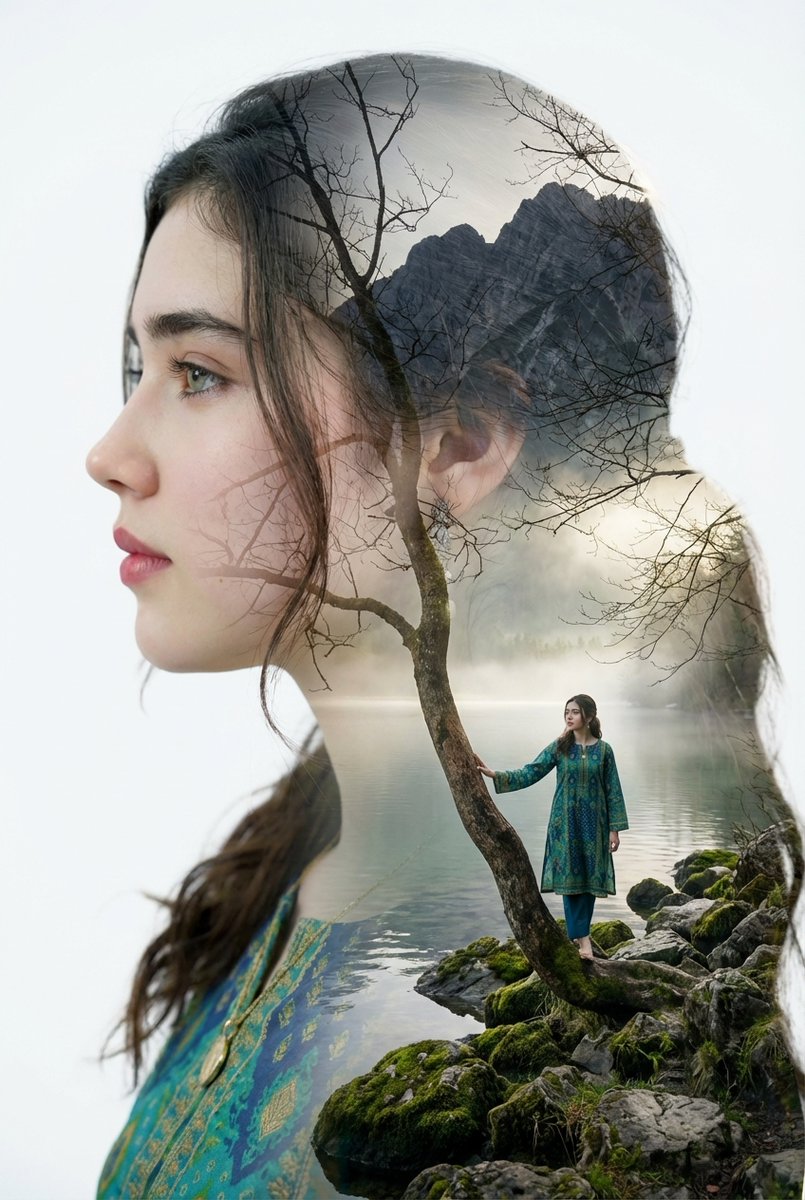 AI Prompt for Surreal Double Exposure Portrait with Tree Branches and Landscape