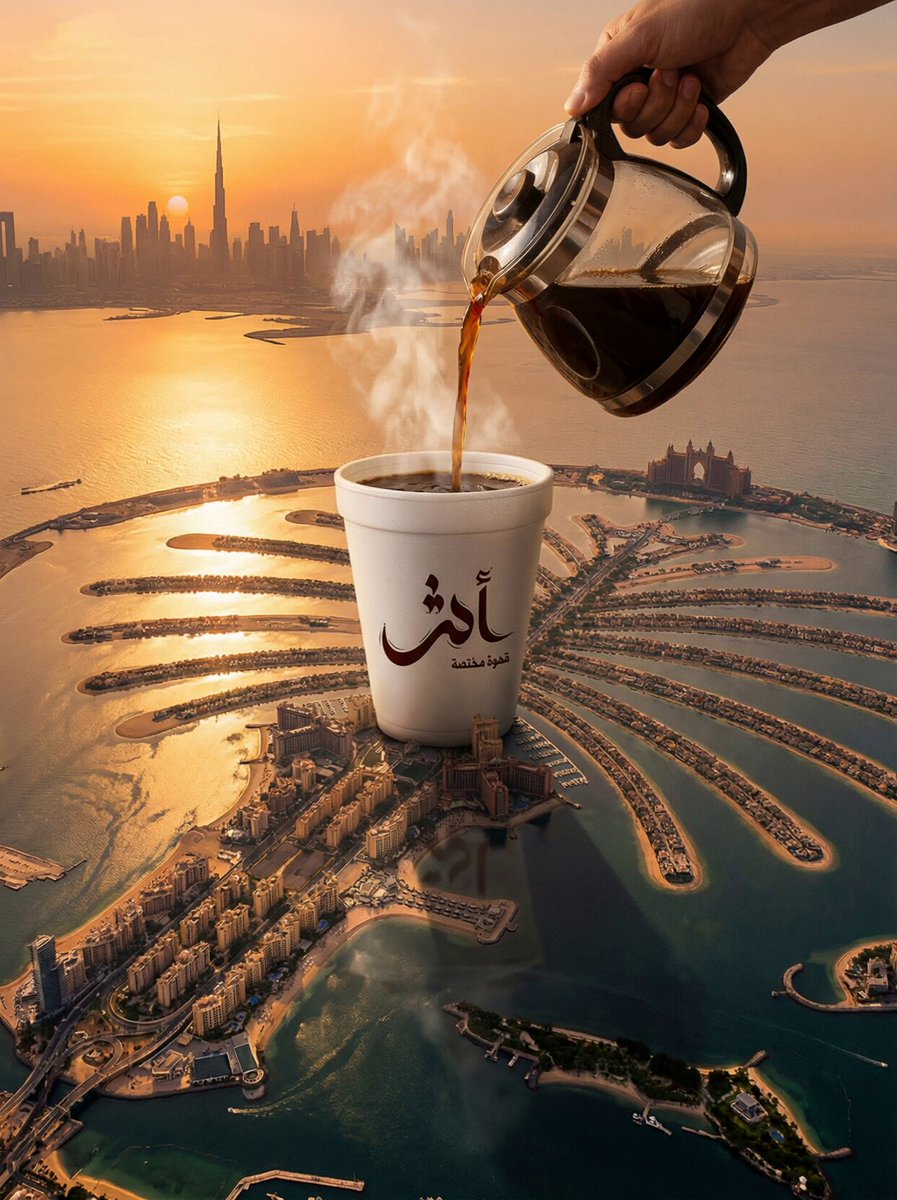 AI Prompt for Surreal Dubai Palm Jumeirah Coffee Cup Aerial Scene Generation