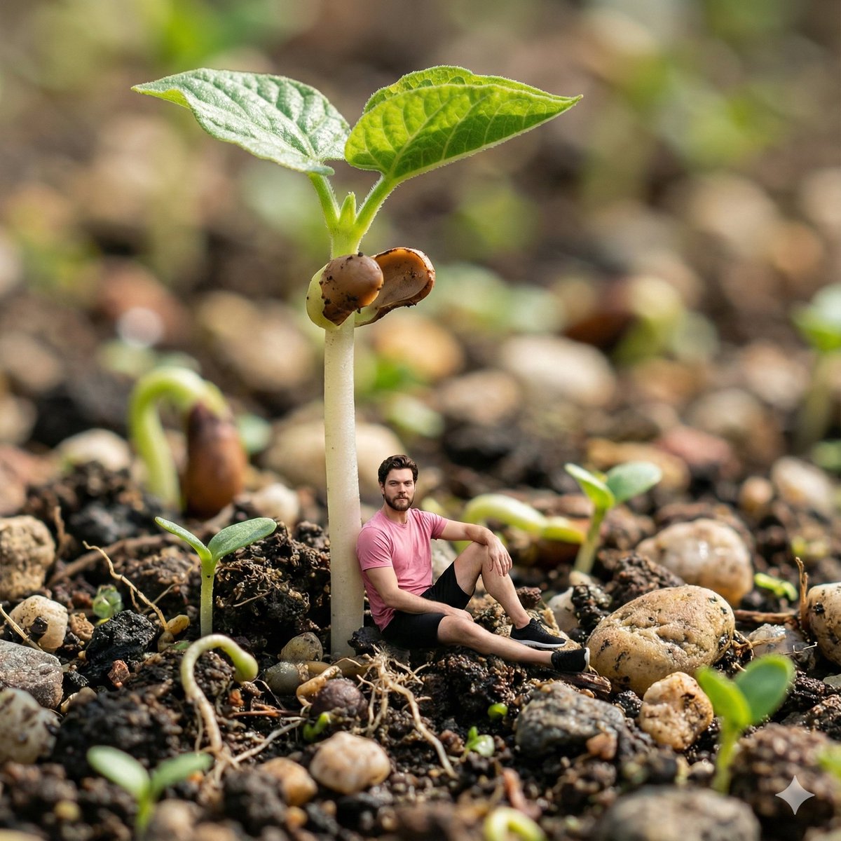 AI Prompt for Surreal Fantasy Macro Photography with Tiny Man and Bean Sprout