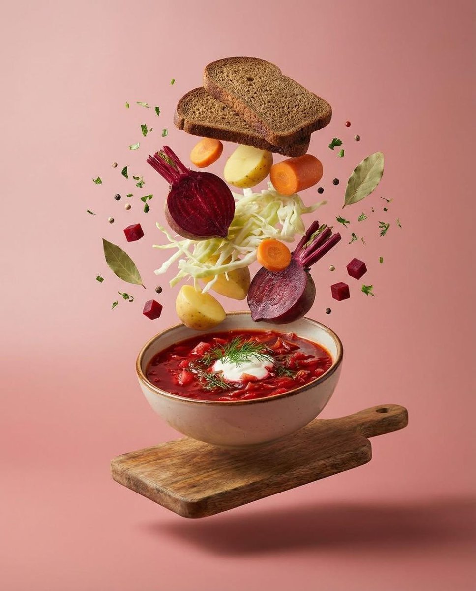 AI Prompt for Surreal Food Photography: Levitating Borscht