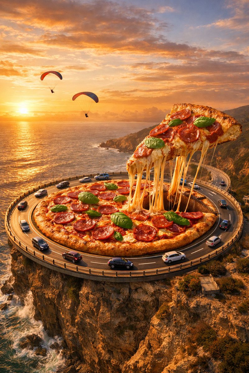 AI Prompt for Surreal Food Photography - Pizza Roundabout Scene