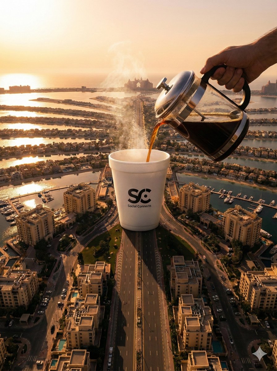 AI Prompt for Surreal Landscape Photography: Giant Coffee Cup on Palm Jumeirah