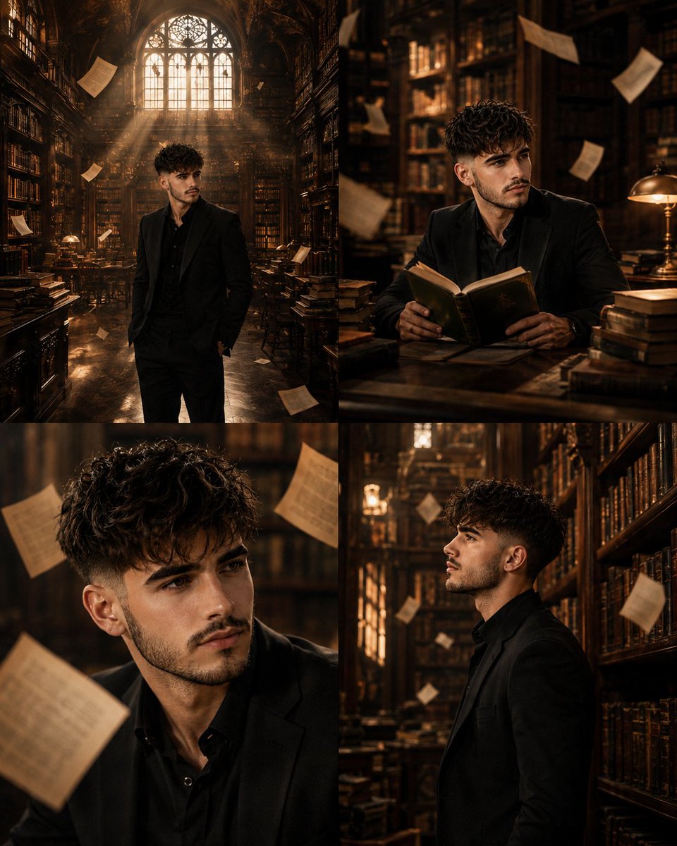 AI Prompt for Surreal Library Portrait with Floating Pages and Amber Light