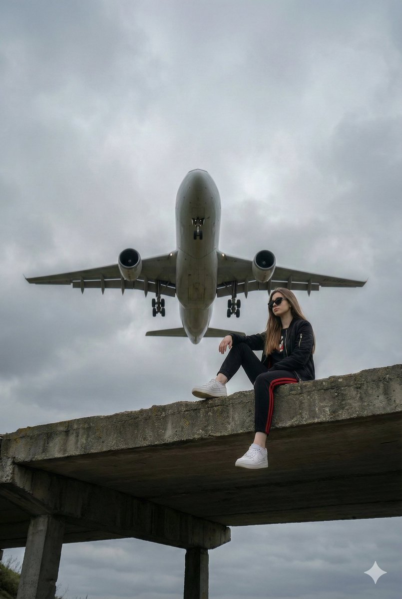AI Prompt for Surreal Low-Angle Portrait with Low-Flying Airplane
