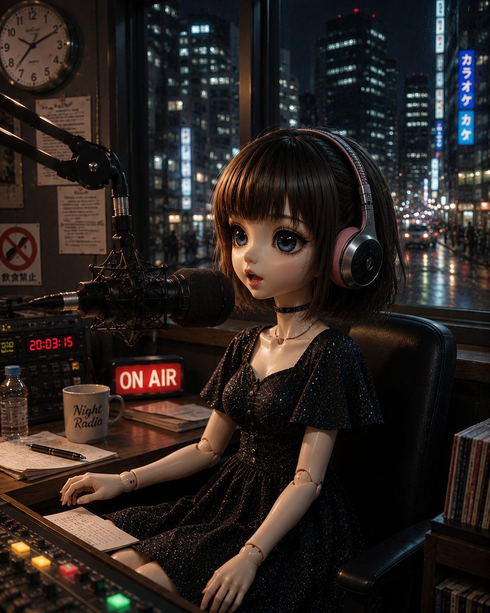 AI Prompt for Surreal Neon City Night Radio Scene with Anonymous Doll-Like Host