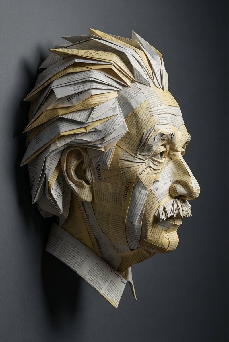 AI Prompt for Surreal Newspaper Einstein Sculpture Photography