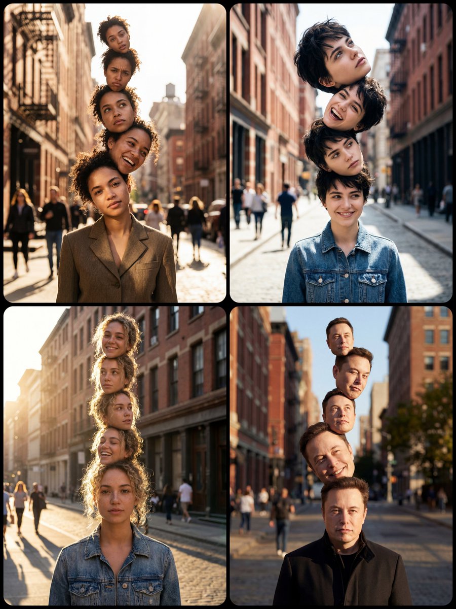 AI Prompt for Surreal Portraits with Stacked Heads in City Street Scene