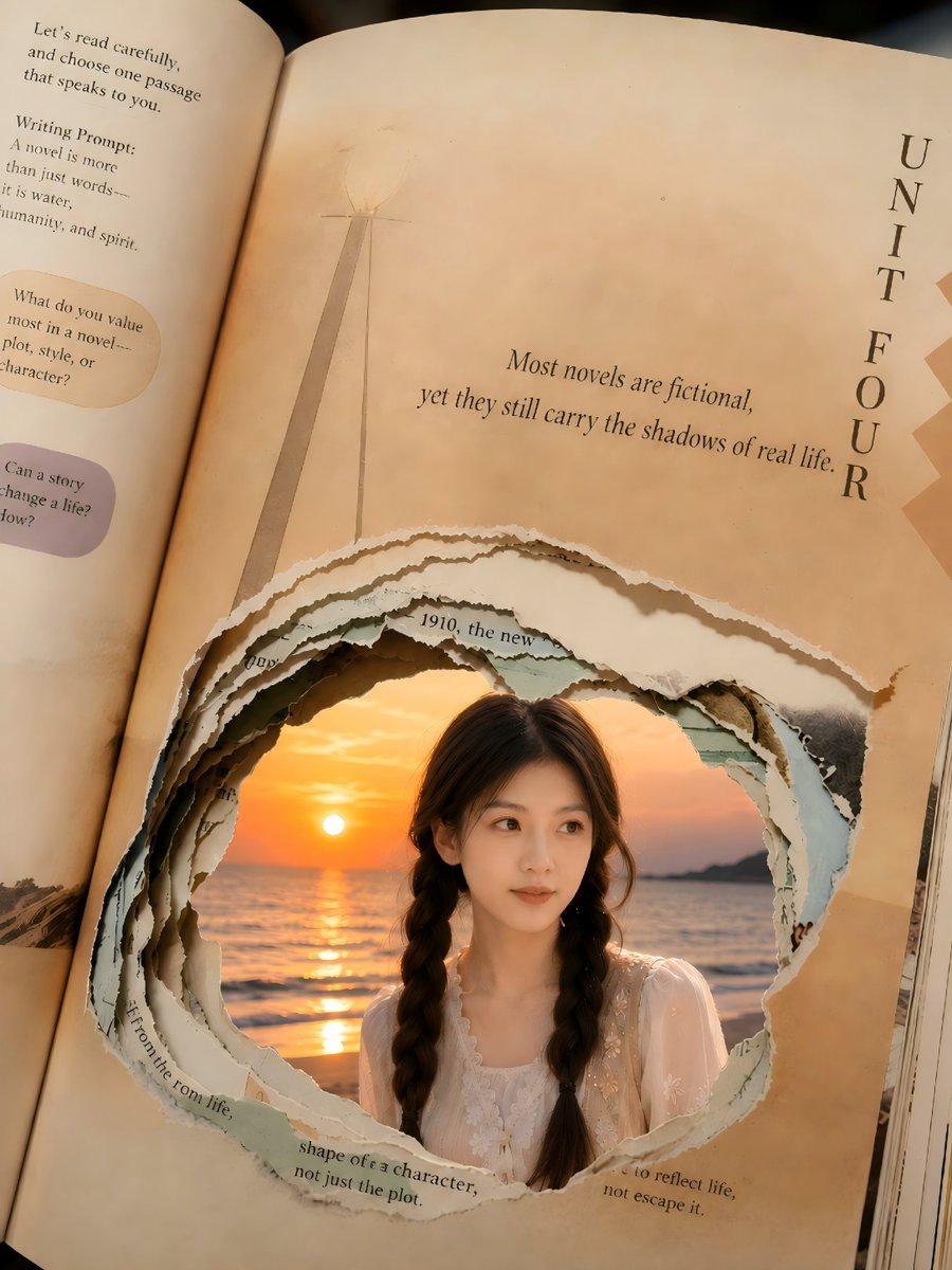 AI Prompt for Surreal Sunset Portrait with Torn Book Effect