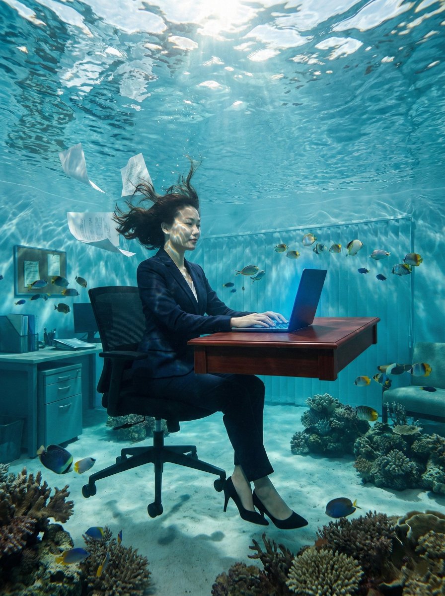 AI Prompt for Surreal Underwater Business Scene with Elegant Businesswoman