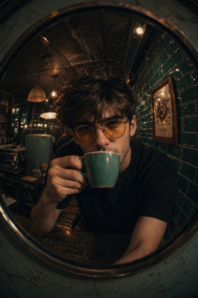 AI Prompt for Surreal, Vintage-Style Fish-Eye Portrait with Retro Café Background