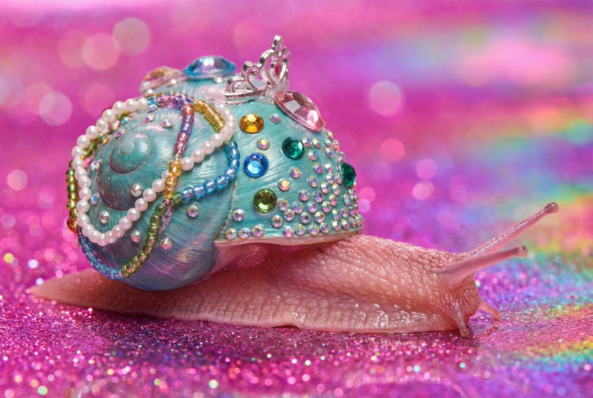 AI Prompt for Surreal, Whimsical Macro Photography of Snails with Flashy Accessories