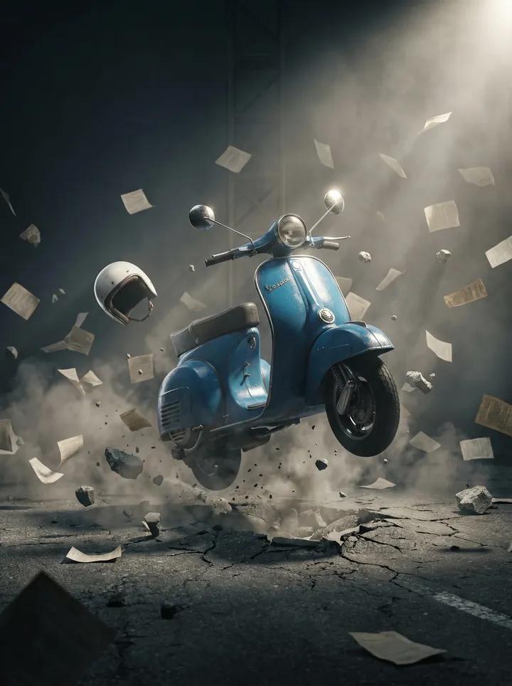 AI Prompt for Suspended Vintage Vespa Explosion Scene
