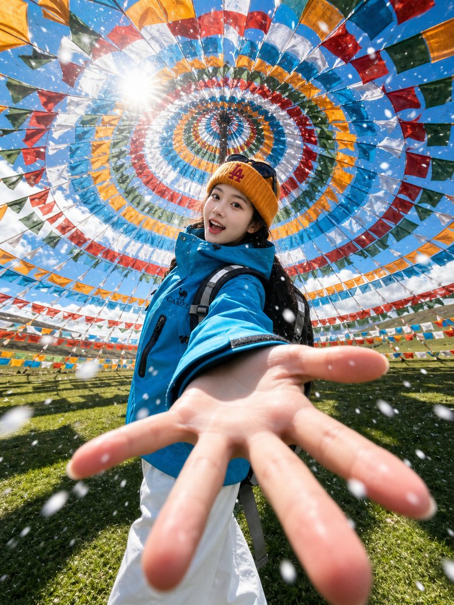 AI Prompt for Tibetan Prayer Flag Selfie in Highland Landscape