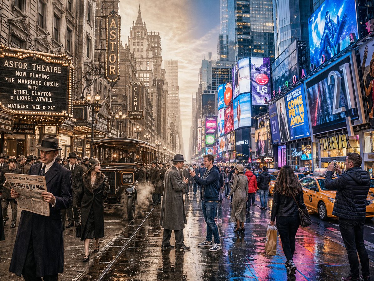 AI Prompt for Time-Traveling Cityscapes: Comic Book-Inspired Cinematic Split-Screen Scene