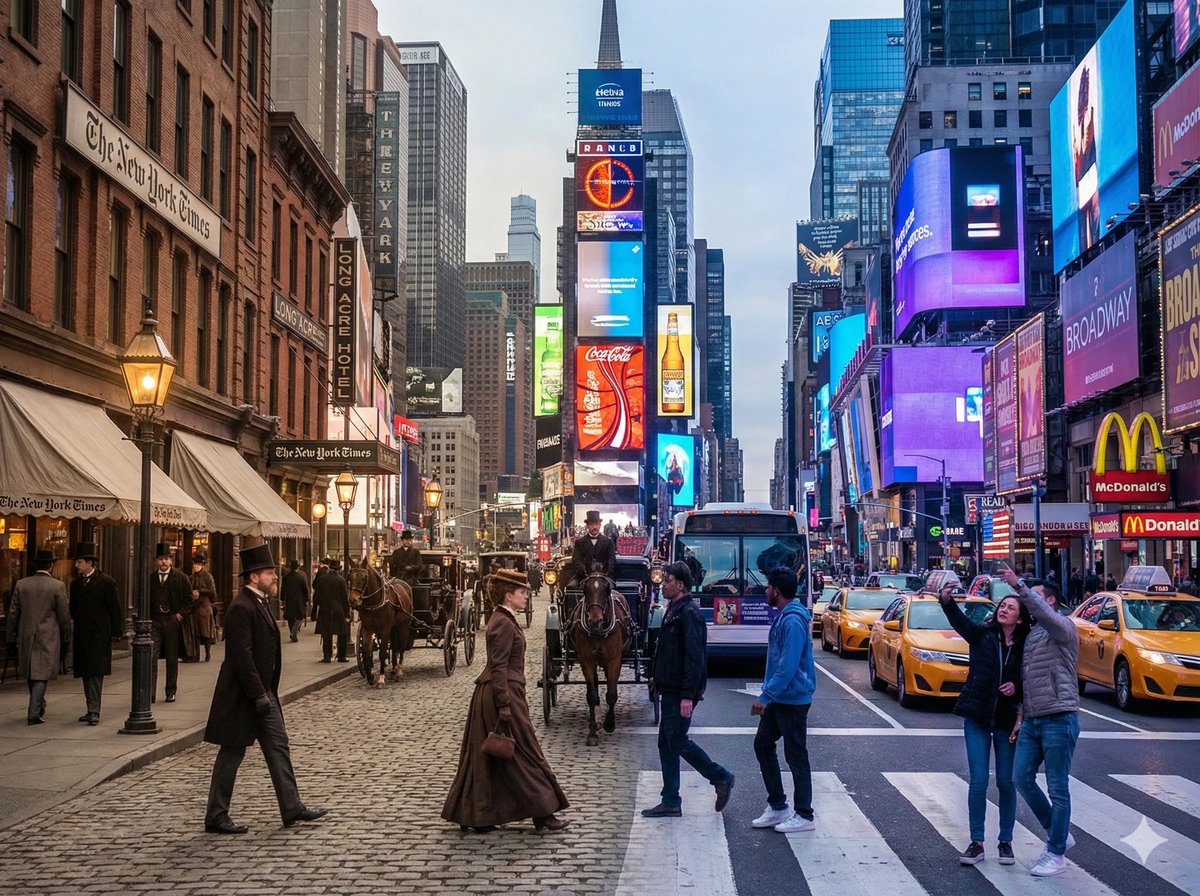 AI Prompt for Times Square Dual Era Split-Screen Image