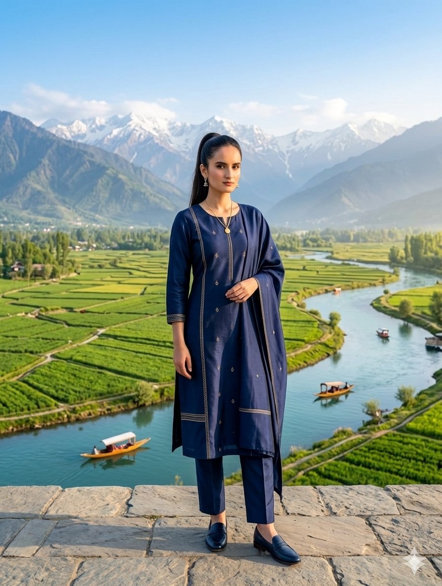 AI Prompt for Traditional Indian Female Portrait in Kashmir Valley Landscape
