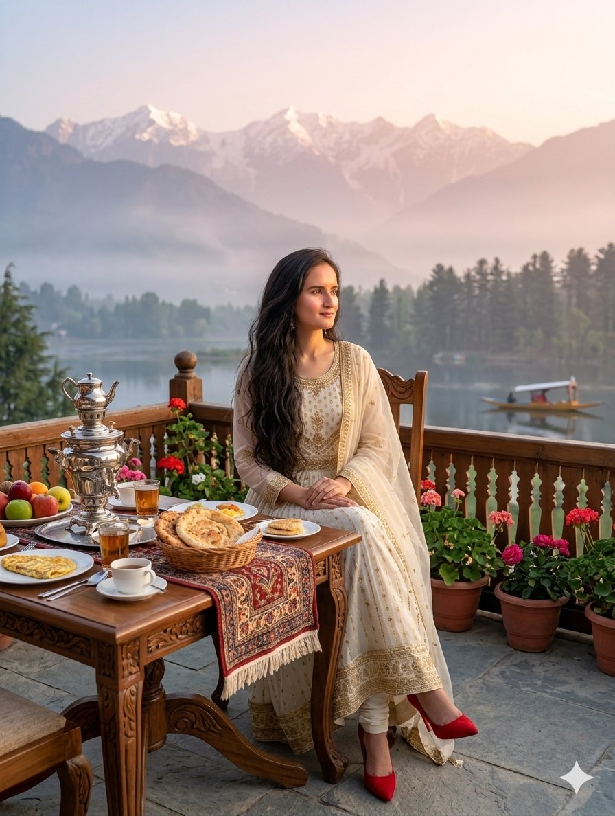 AI Prompt for Traditional Kashmiri Breakfast Scene with Himalayan Landscape