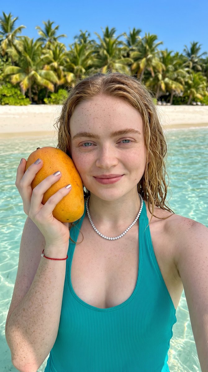 AI Prompt for Tropical Beach Mango Portrait - Photorealistic Selfie of Woman at Paradise Beach