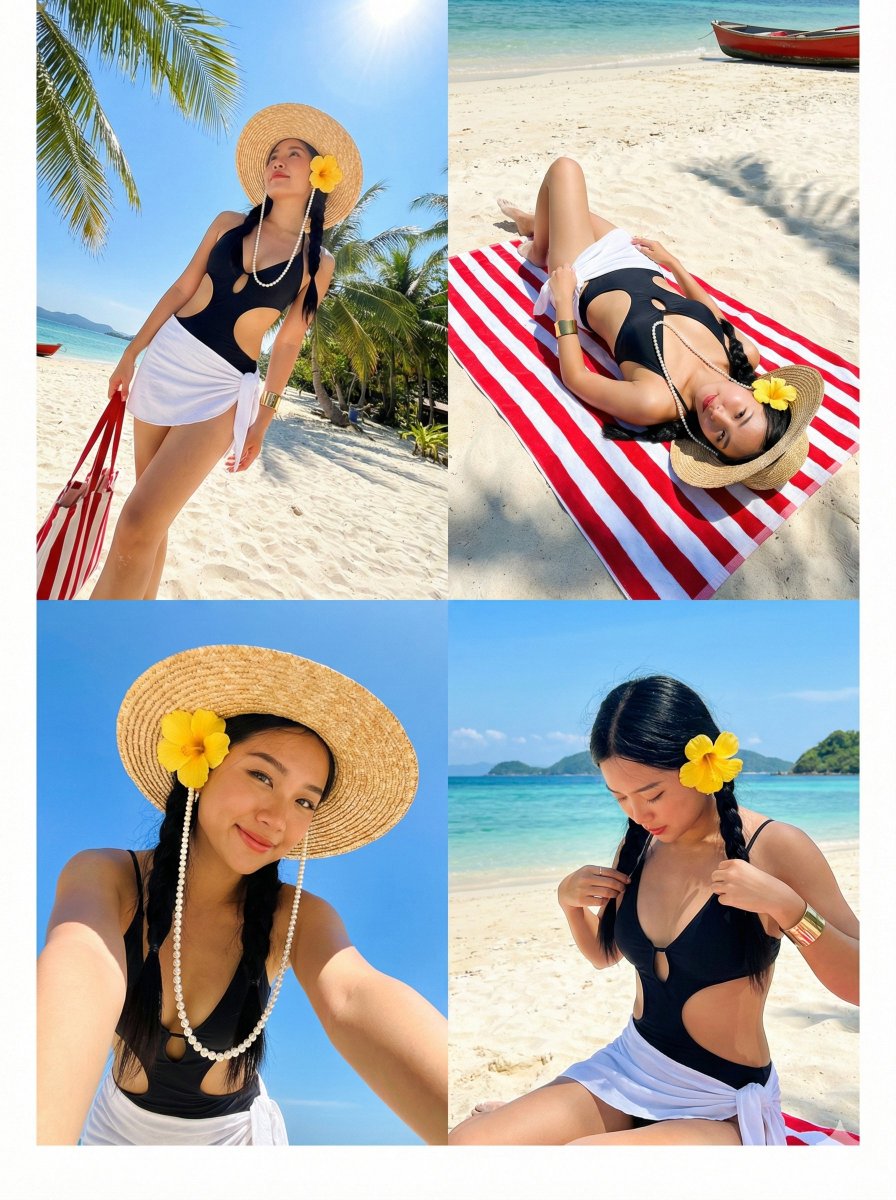 AI Prompt for Tropical Beach Photo Collage: Young Asian Influencer