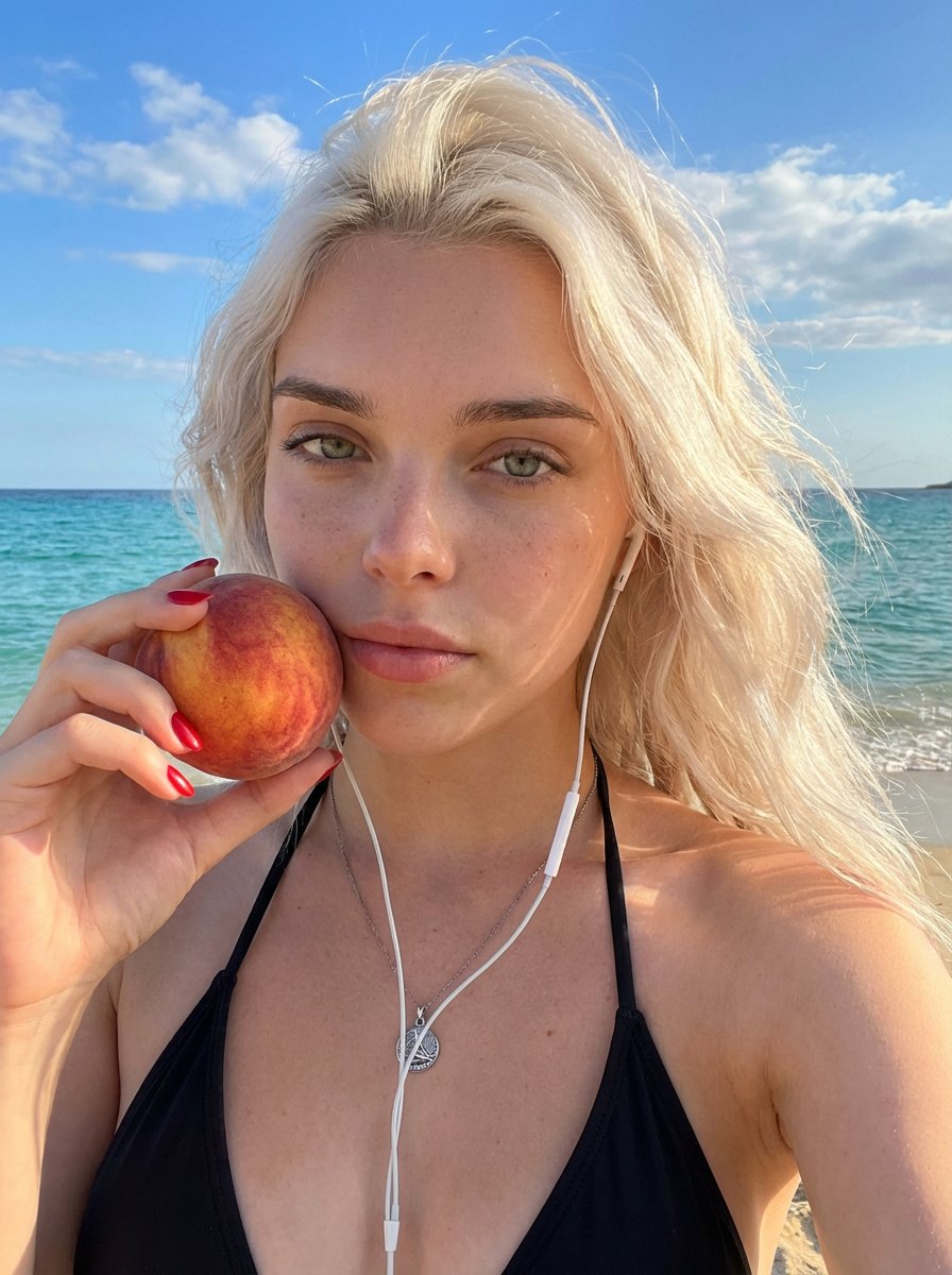 AI Prompt for Tropical Beach Selfie Portrait with Fresh Peach