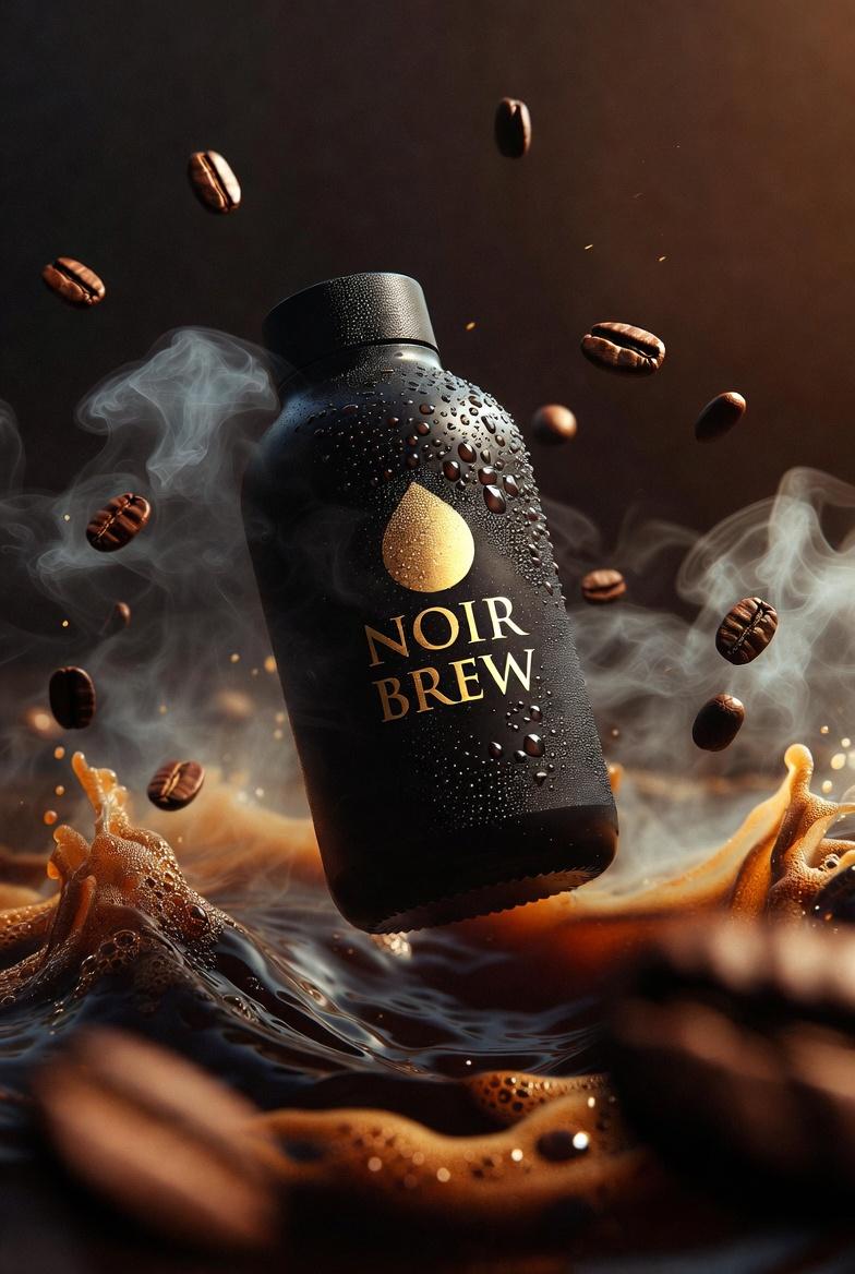 AI Prompt for Ultra-Cinematic Product Photography of Coffee Bottle in Swirling Waves