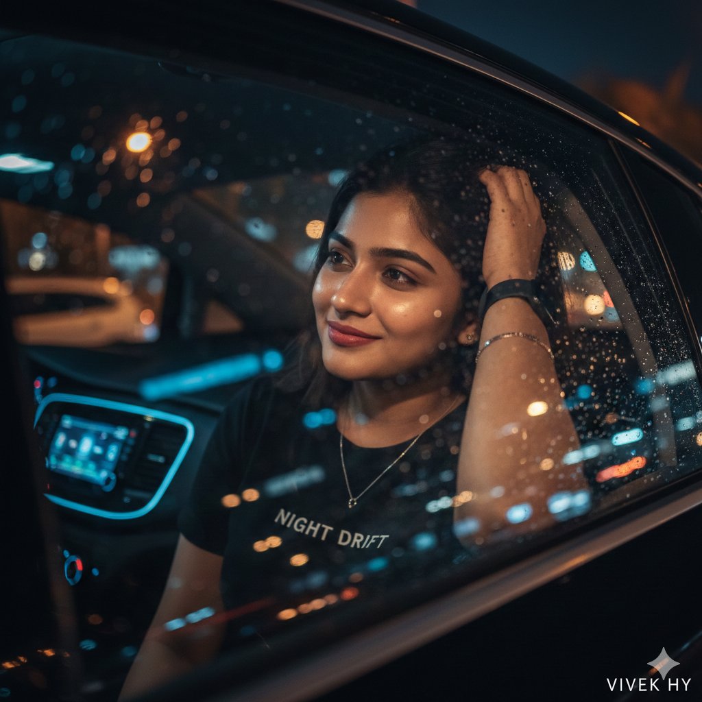 AI Prompt for Ultra Detailed 8K Nighttime Portrait Photography Through Car Window