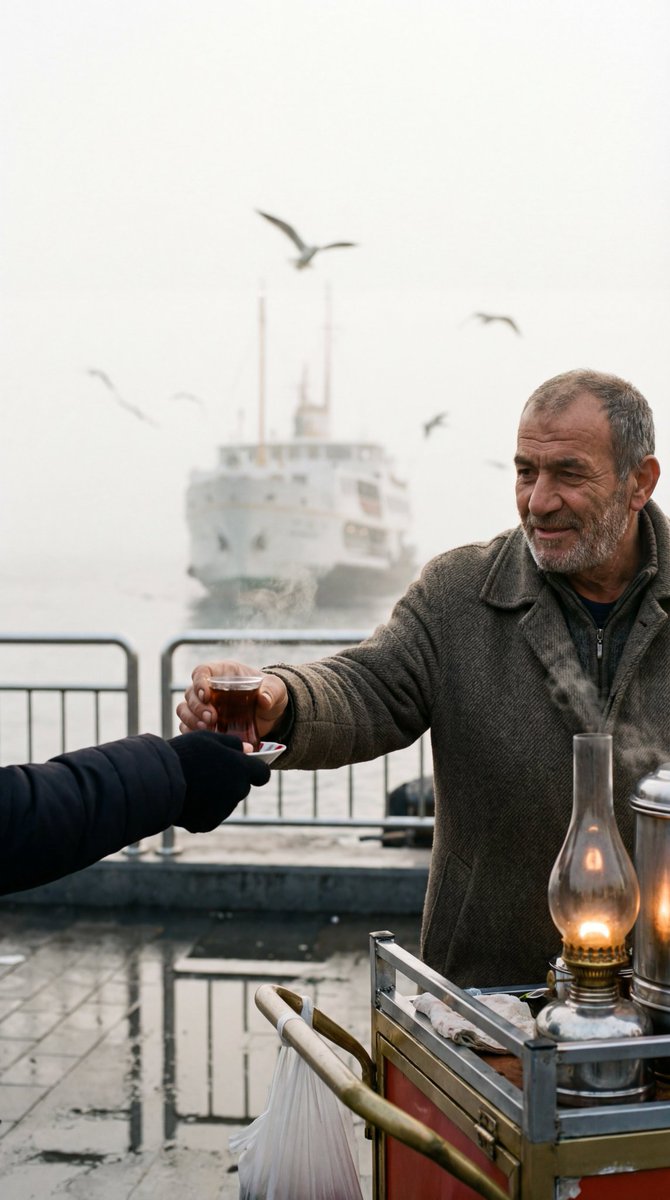 AI Prompt for Ultra-Photorealistic Candid Street Scene with Foggy Morning and Tea Vendor