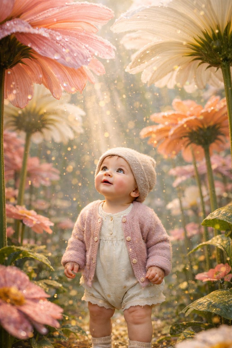 AI Prompt for Ultra-Realistic Baby Portrait with Surreal Flower Field Background