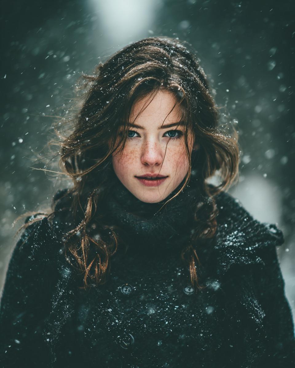 AI Prompt for Ultra-Realistic Cinematic Photography of Young Woman in Snowfall