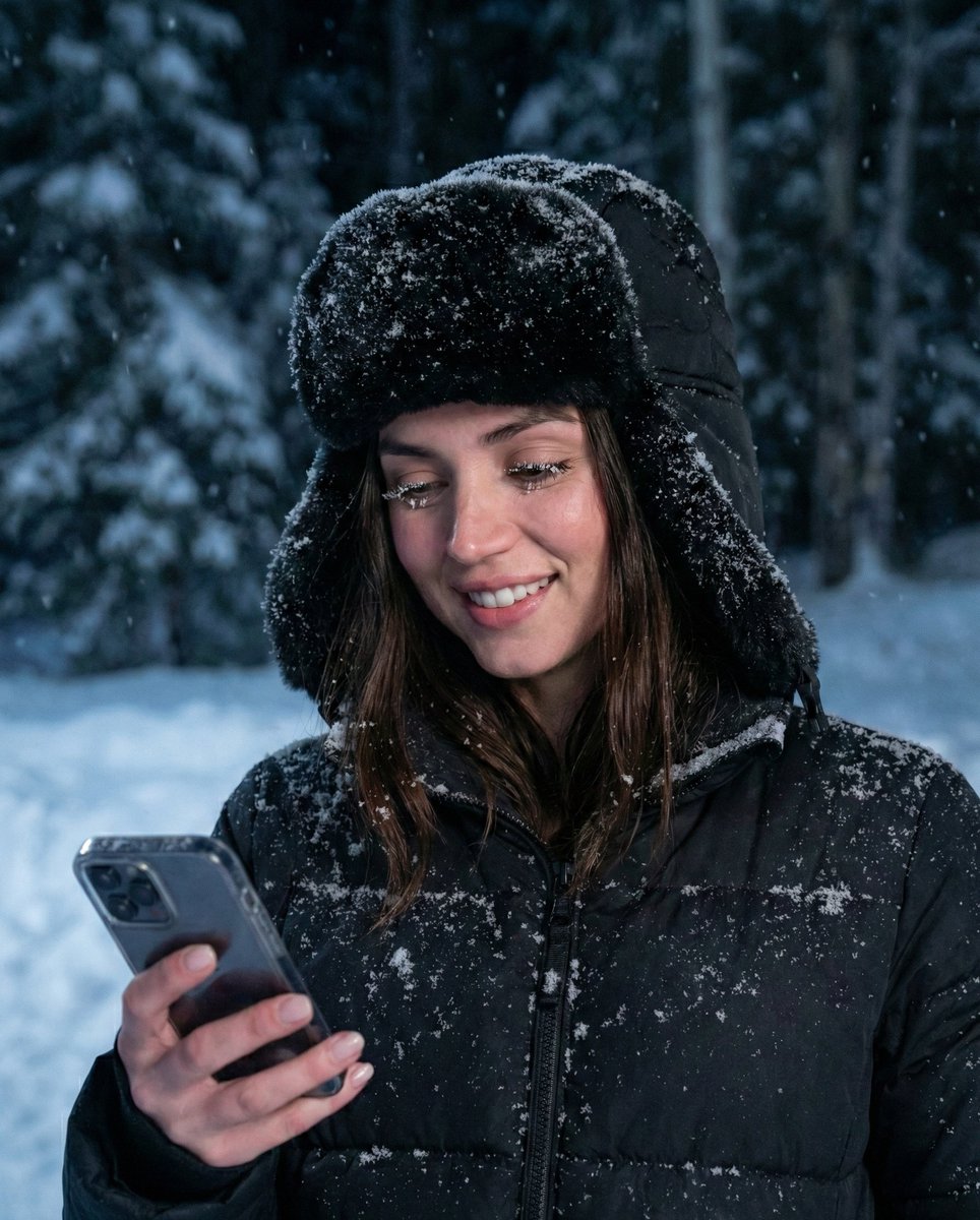 AI Prompt for Ultra-Realistic Cinematic Winter Portrait with Snow and Smartphone