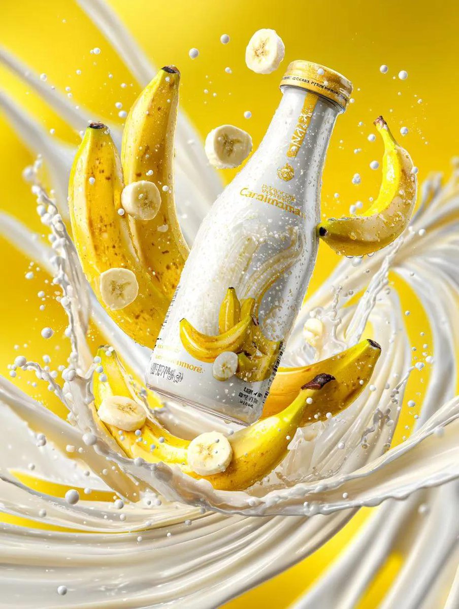 AI Prompt for Ultra-Realistic Food Ad: Banana Milk Bottle with Swirling Milk and Fruits