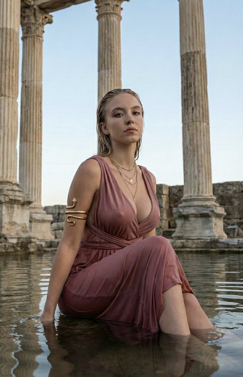 AI Prompt for Ultra-Realistic Greek Goddess Portrait in Flooded Ancient Ruins