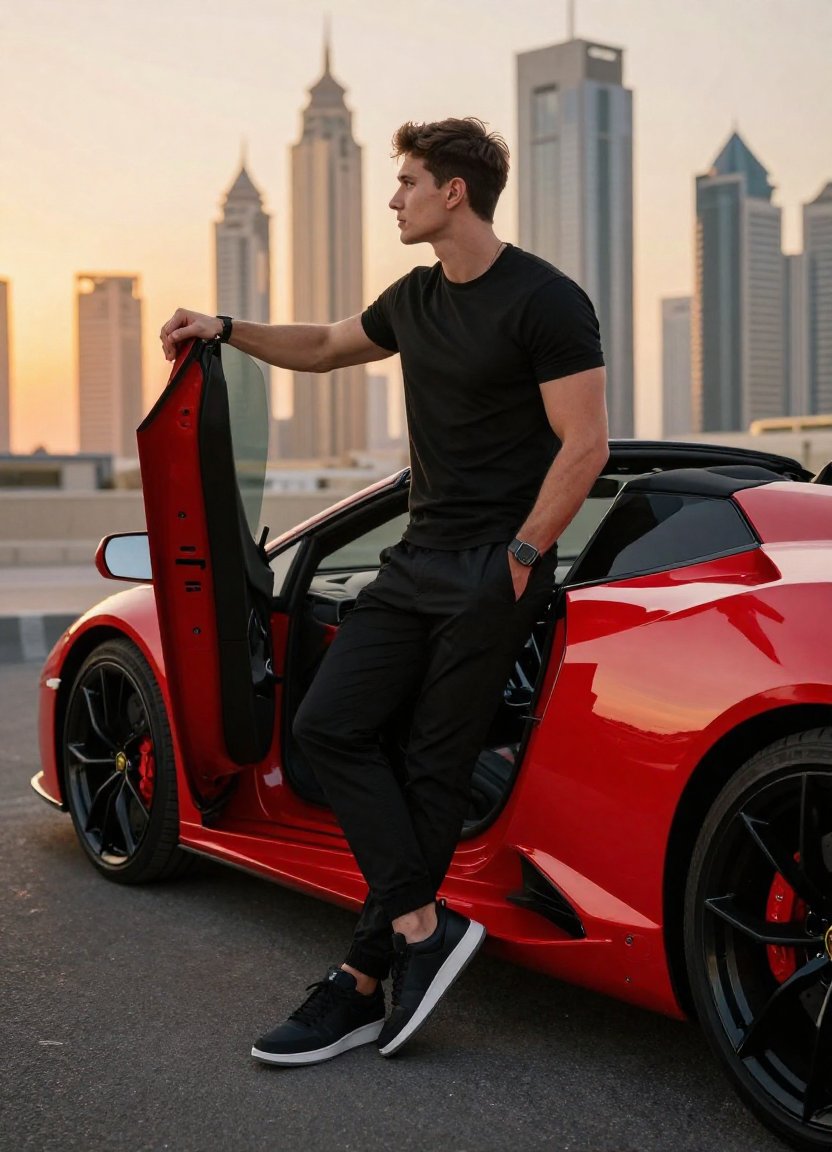 AI Prompt for Ultra-Realistic Lamborghini Portrait in Dubai Sunset