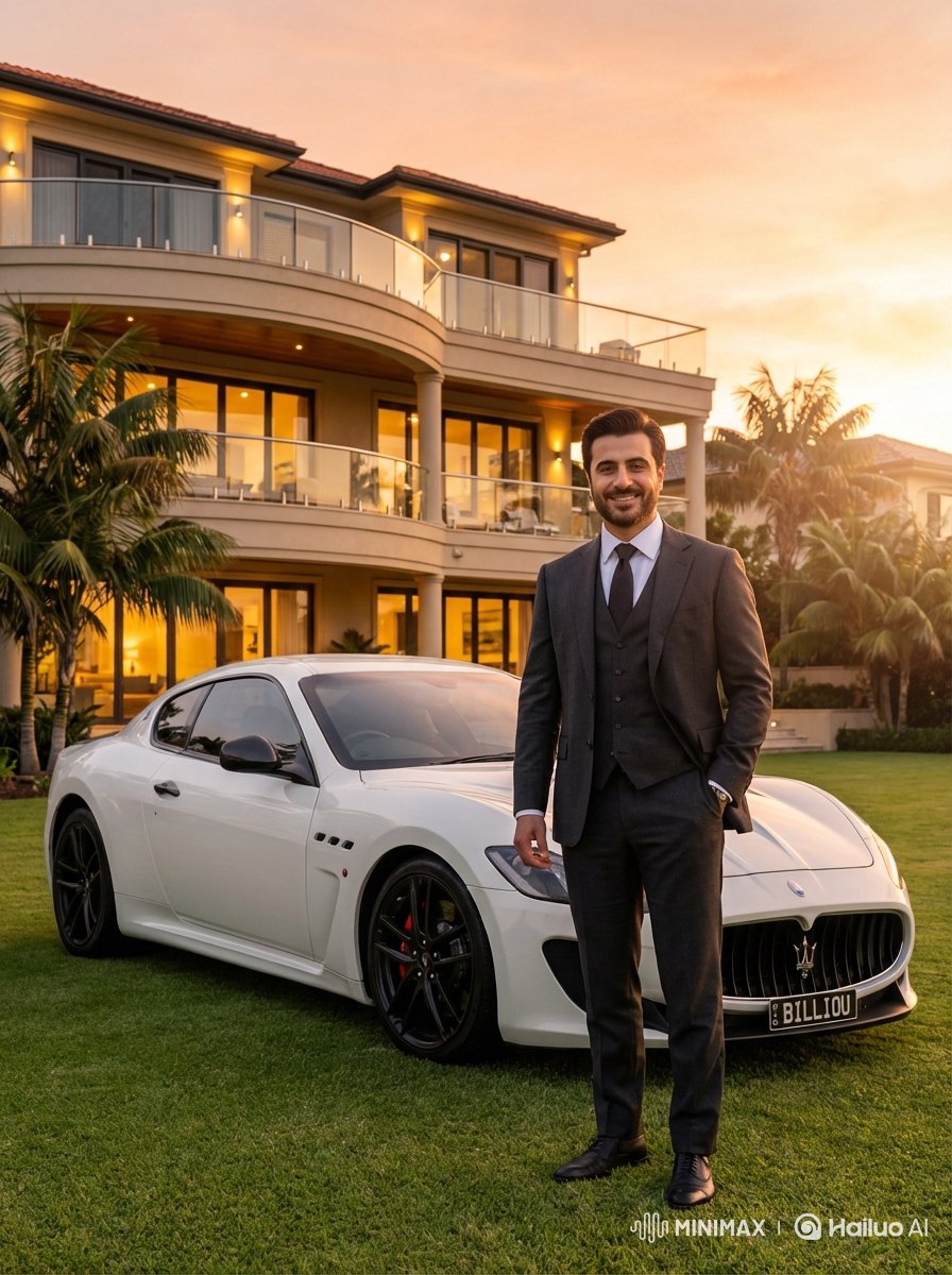 AI Prompt for Ultra-Realistic Luxury Portrait with Maserati and Mansion