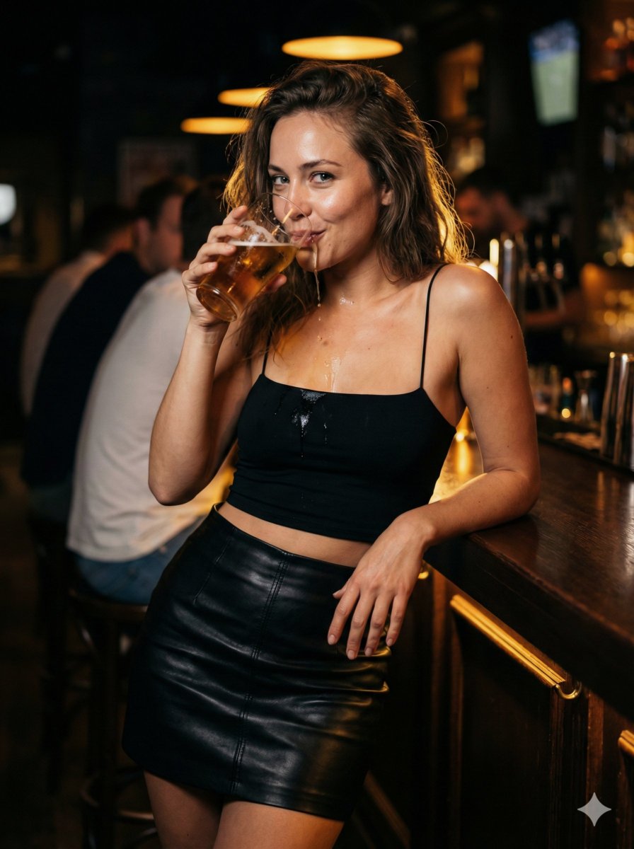 AI Prompt for Ultra-Realistic Nightlife Portrait with Spilled Beer - Generate a Photorealistic Image
