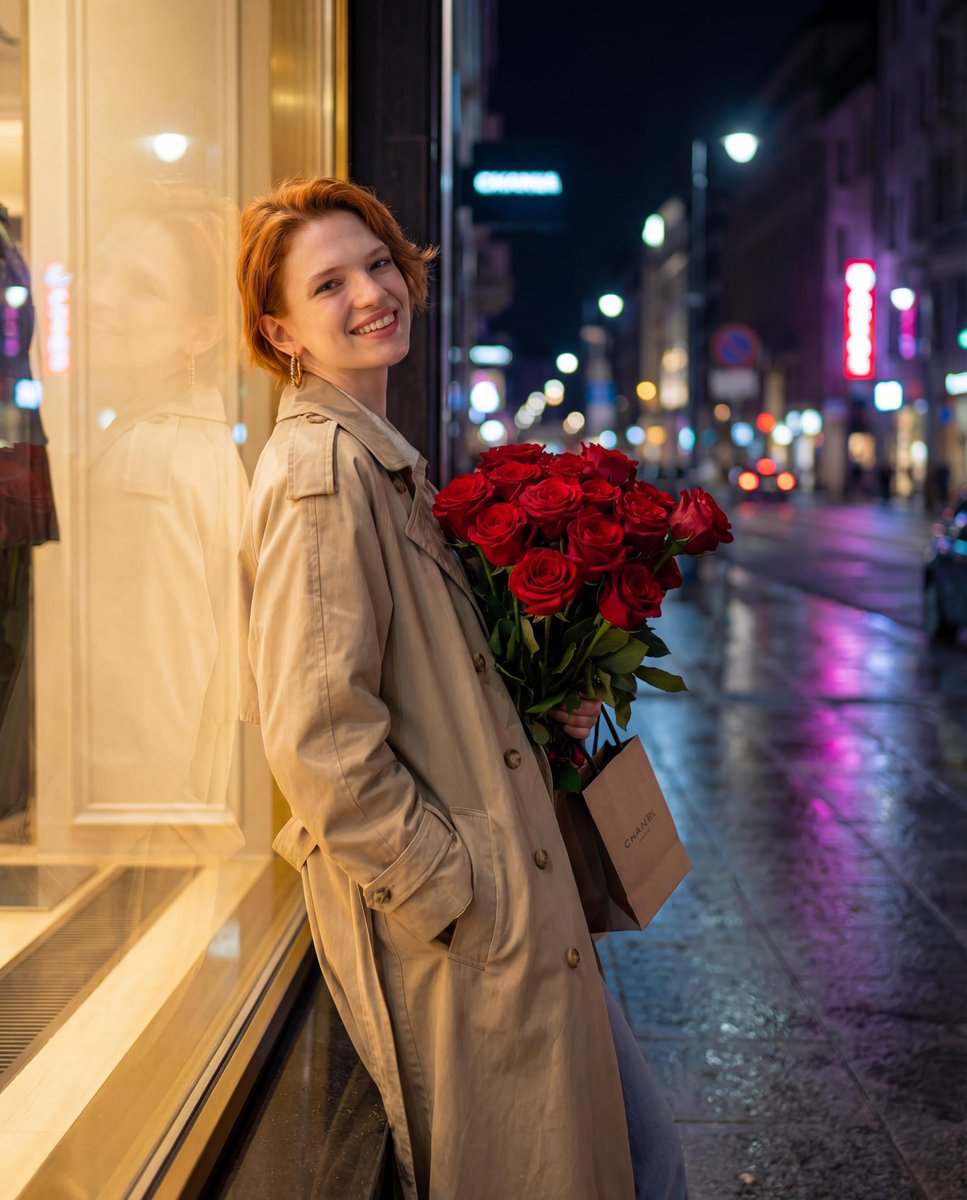 AI Prompt for Ultra-Realistic Nighttime Street Photography with Model and Roses