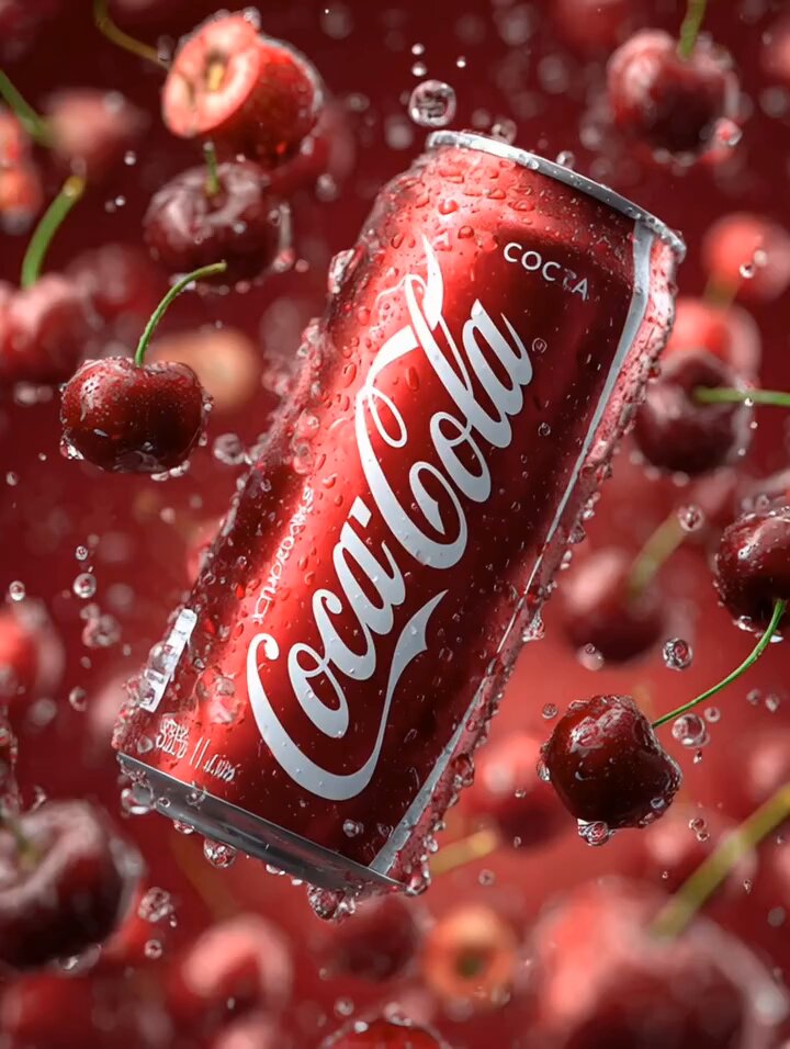 AI Prompt for Ultra-Realistic Product Photography - Cherry Soda Can with Condensation and Fruits