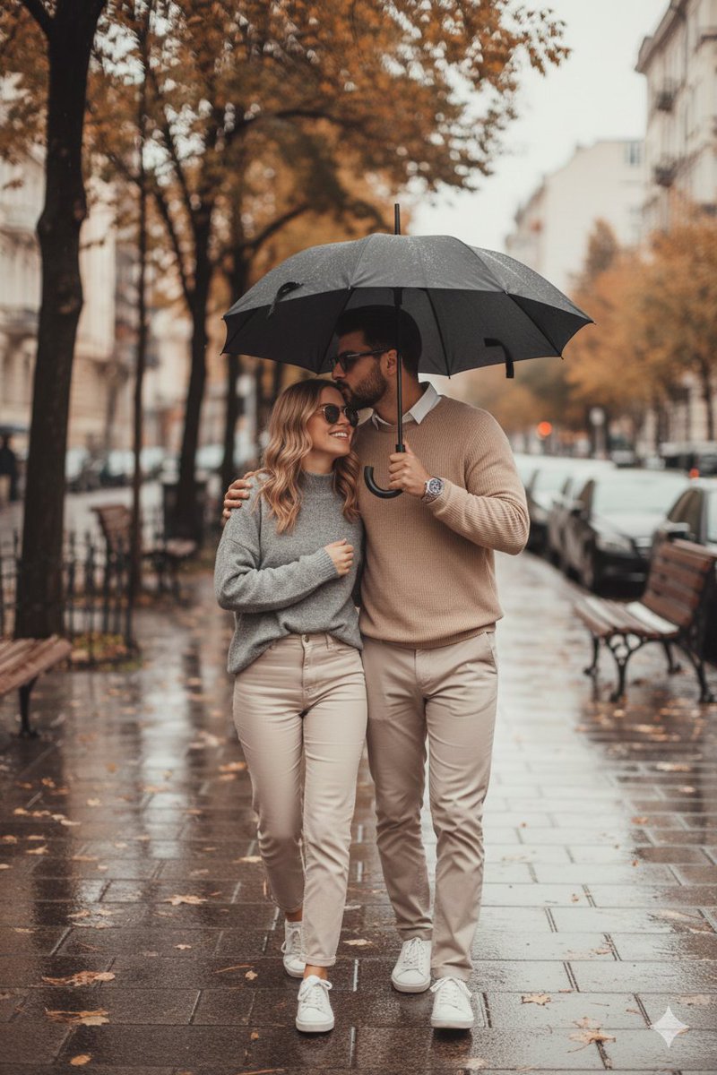 AI Prompt for Ultra-Realistic Romantic Rainy Autumn City Street Couple Portrait with Identity Lock