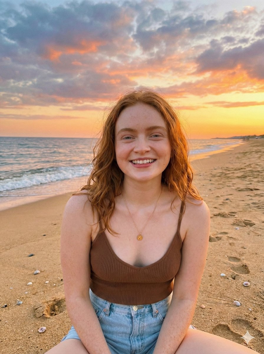 AI Prompt for Ultra-Realistic Sadie Sink Beach Portrait