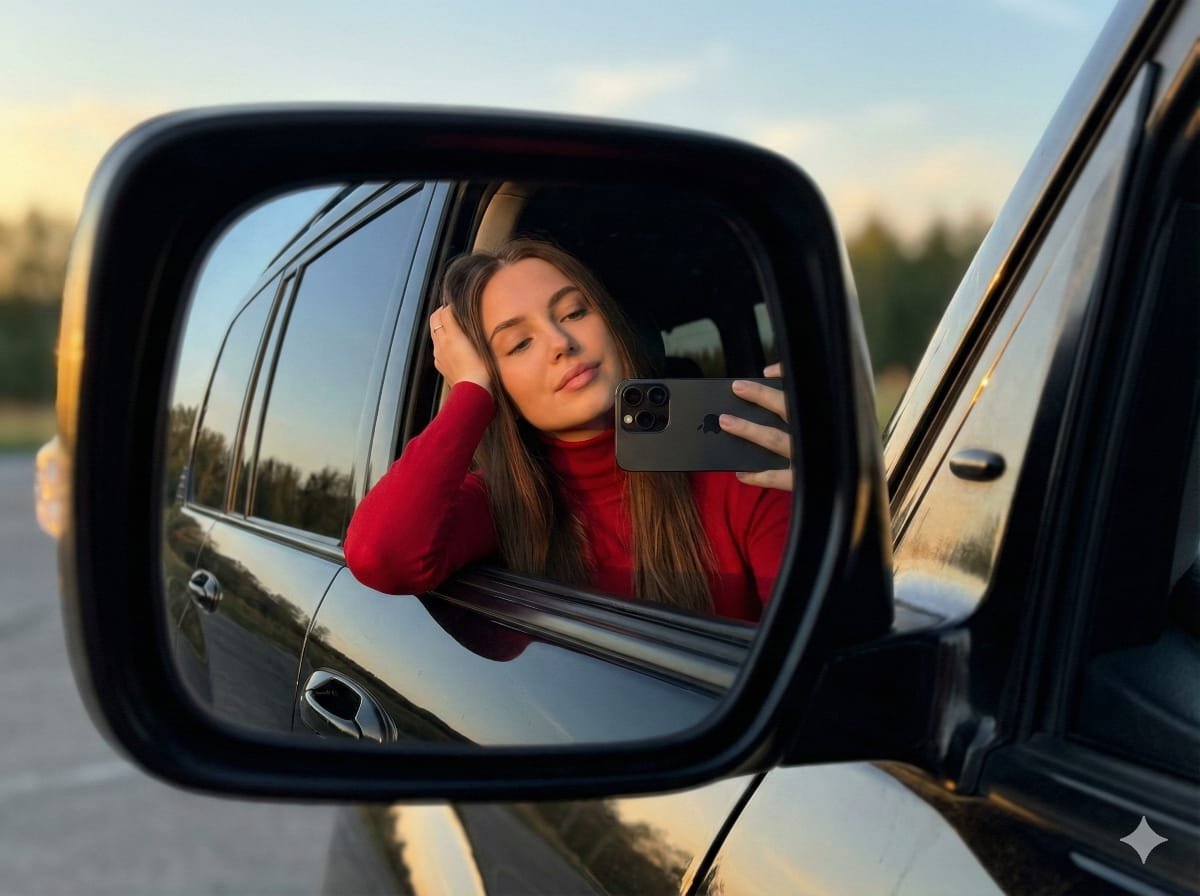 AI Prompt for Ultra Realistic Social Media Selfie in a Car Mirror