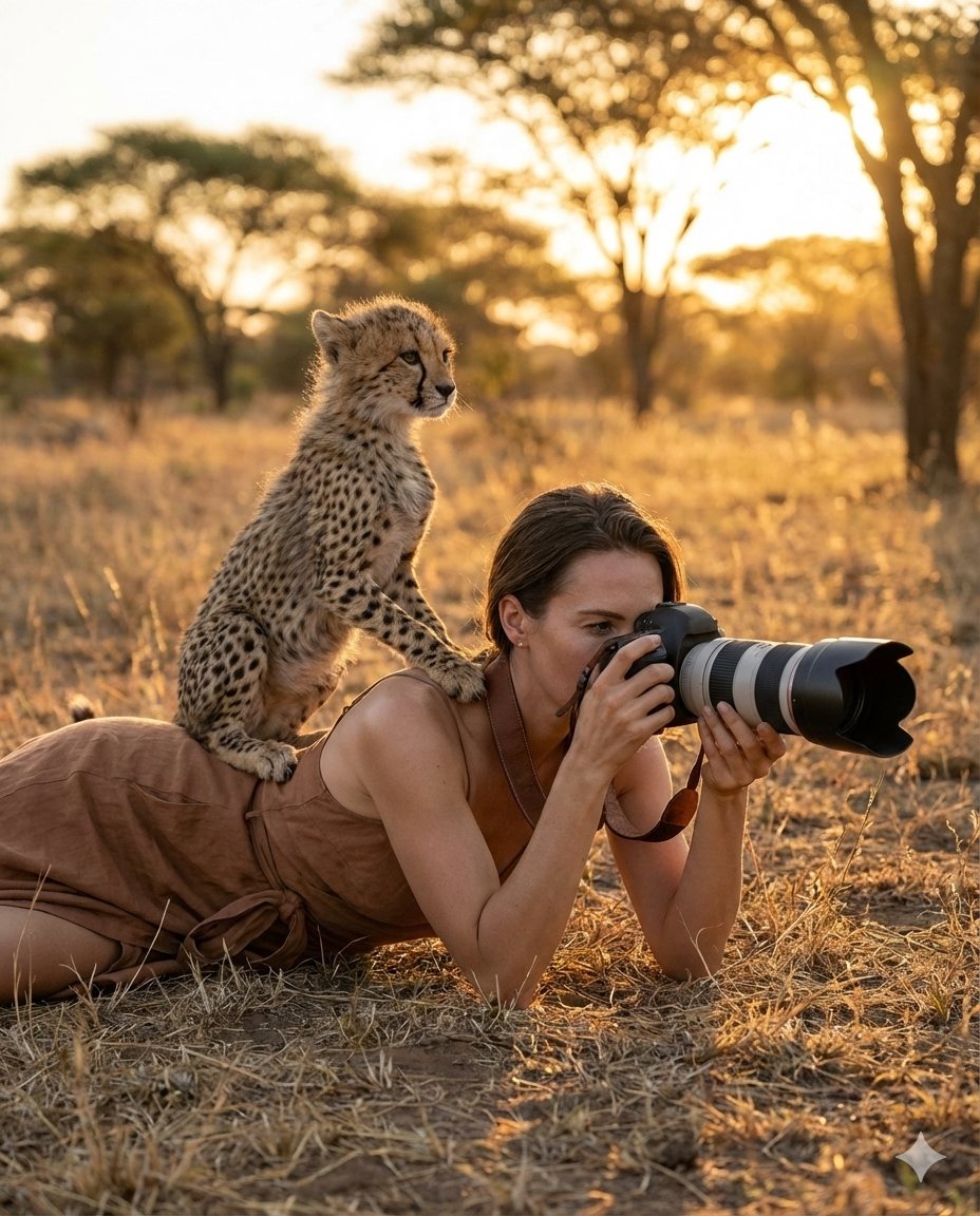 AI Prompt for Ultra-Realistic Wildlife Photography: Cheetah Cub and Elegant Model