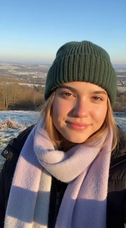 AI Prompt for Ultra-Realistic Winter Selfie Portrait with Frosty Hilltop and Town