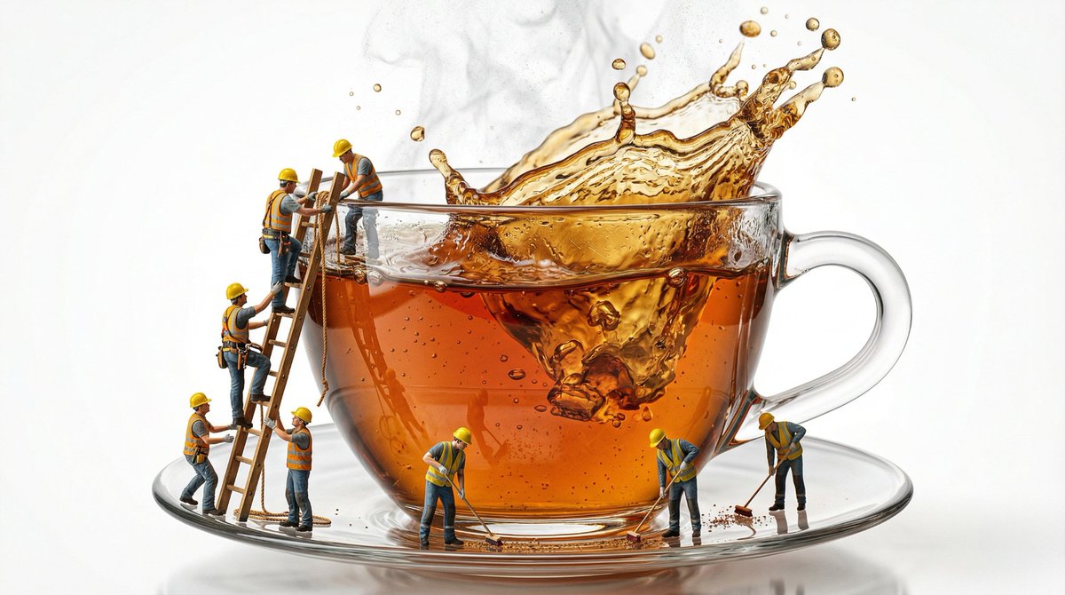 AI Prompt for Ultra RealisticMacro Product Shot of Teacup with Construction Workers